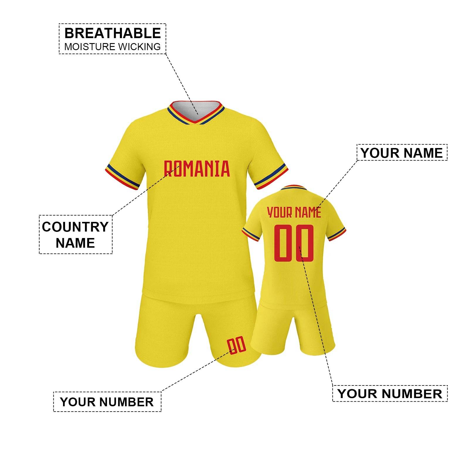 Personalized Romania Youth Soccer Jersey Kit - Custom Name & Number Football Uniform for Kids - ToylandEU
