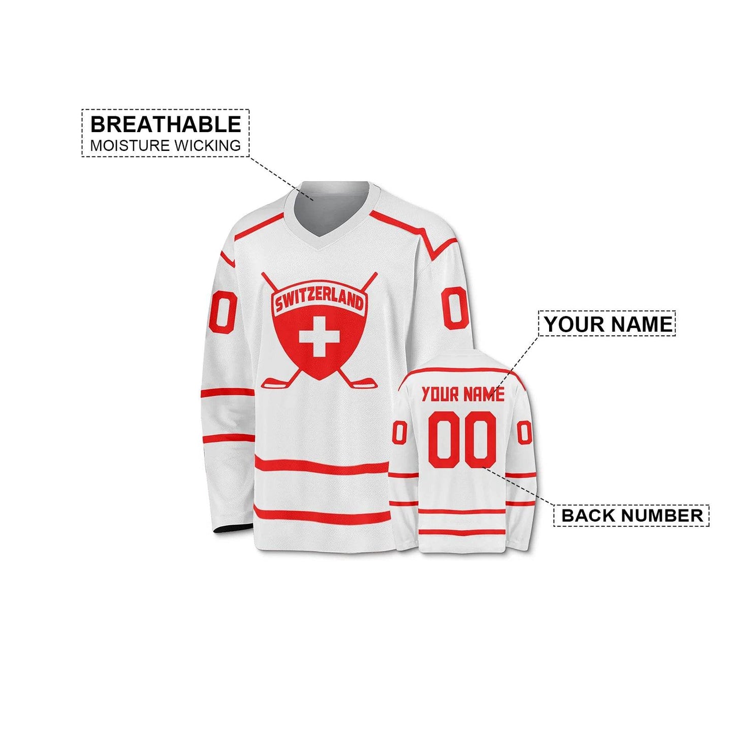 Personalized Swiss Hockey Jersey for Fans - Custom Name & Number Ice Hockey Uniform for Men, Women, and Youth - ToylandEU