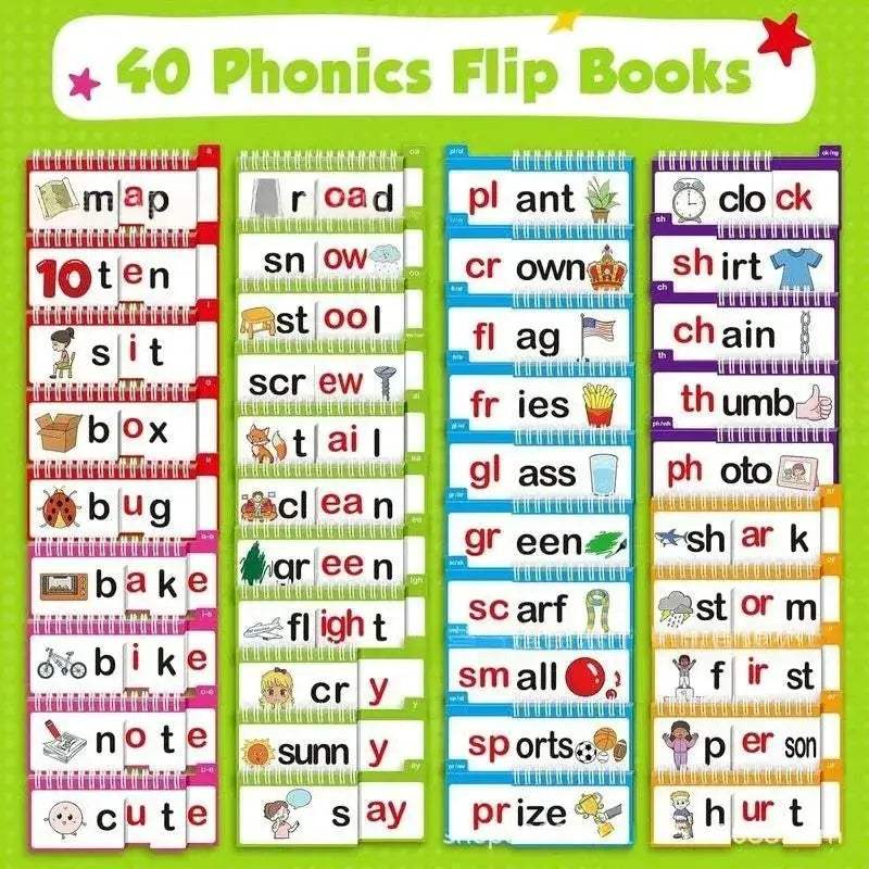 40 Phonics Word Family Flip Books Early Reading Educational Toys for Kids Language Learning Teaching Aids Preschool English - ToylandEU