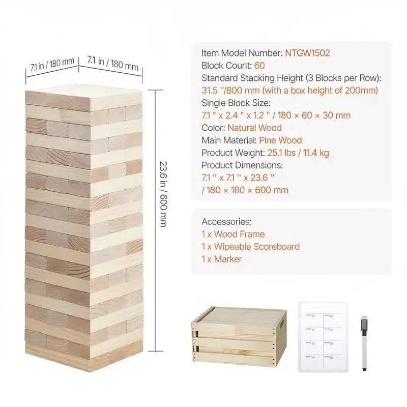  Pine Wood 60 Block Giant Tumble Tower With Crate -  ToylandEU™