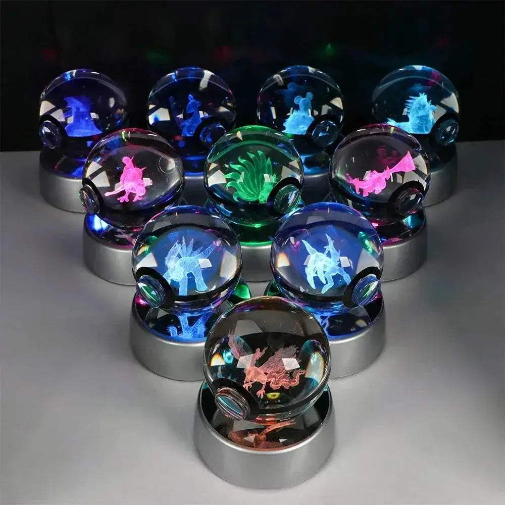 Pokemon 3D Crystal Ball Pikachu Gengar Eevee Mewtwo Anime Pokeball with Led Night Light Base - ToylandEU
