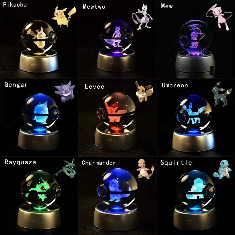 Pokemon 3D Crystal Ball Pokeballs with LED Light Base, Kids Anime Toy Gifts - ToylandEU