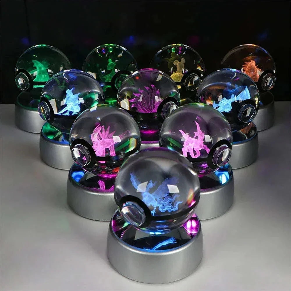 Pokemon 3D Crystal Ball Pikachu Gengar Eevee Mewtwo Anime Pokeball with Led Night Light Base