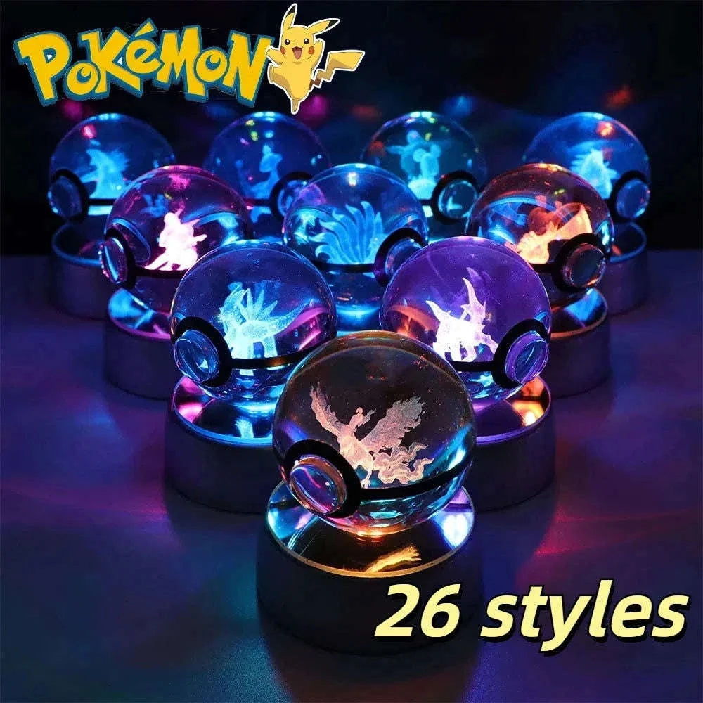 Pokemon 3D Crystal Ball Pikachu Gengar Eevee Mewtwo Anime Pokeball with Led Night Light Base