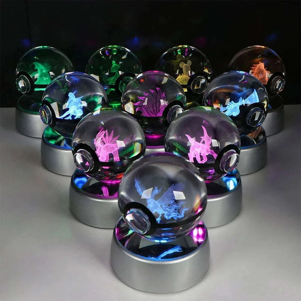 Pokemon 3D Crystal Ball Pikachu Gengar Eevee Mewtwo Anime Pokeball with Led Night Light Base