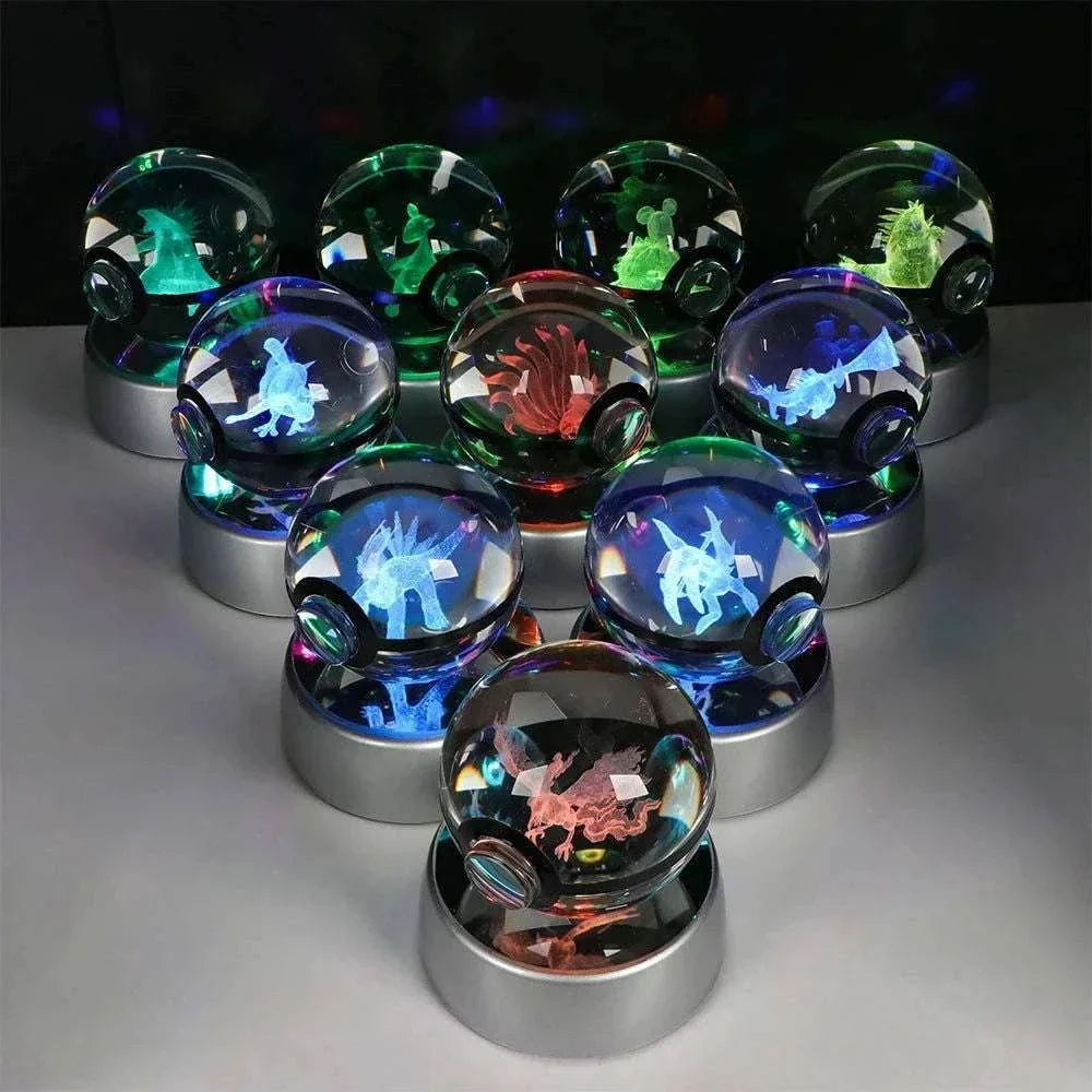 Pokemon 3D Crystal Ball Pikachu Gengar Eevee Mewtwo Anime Pokeball with Led Night Light Base