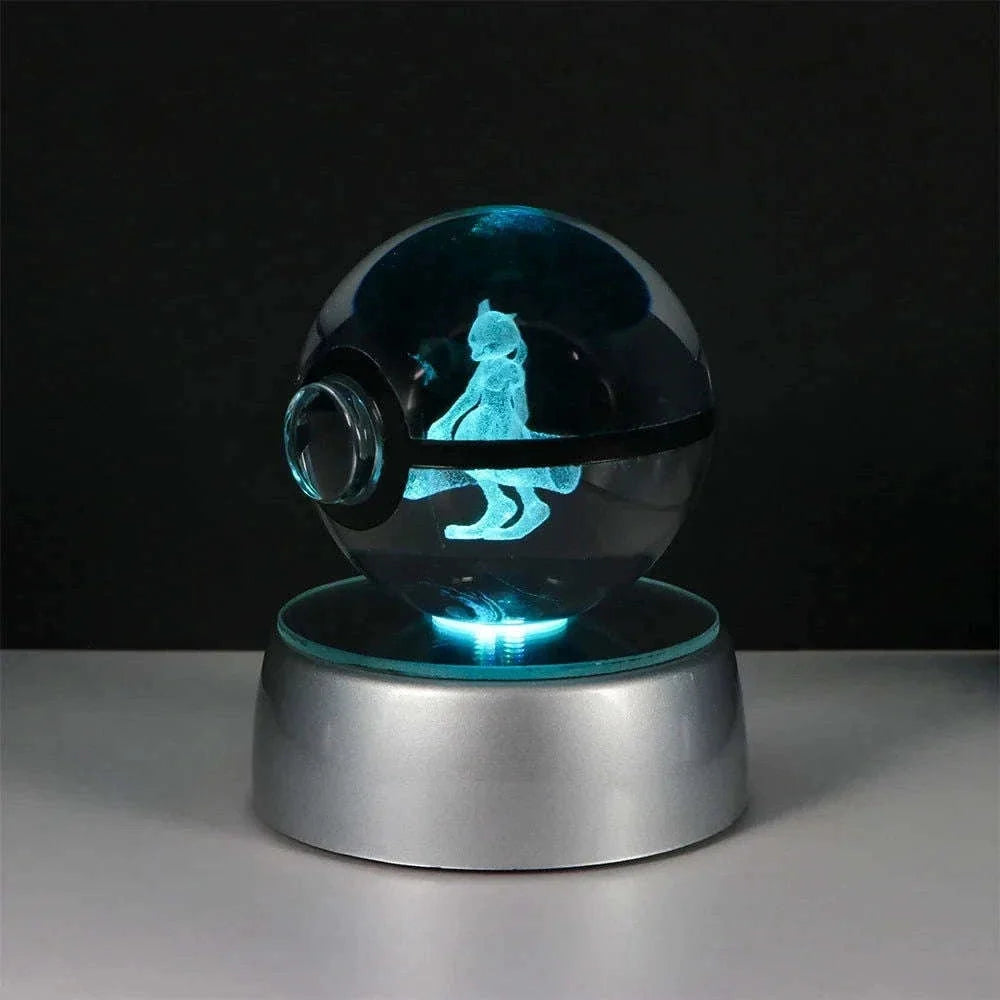 Pokemon 3D Crystal Ball Pikachu Gengar Eevee Mewtwo Anime Pokeball with Led Night Light Base