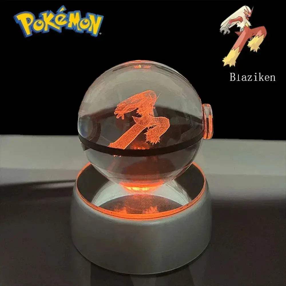 Pokemon 3D Crystal Ball Pikachu Gengar Eevee Mewtwo Anime Pokeball with Led Night Light Base - CLOUDANIMESTUDIO