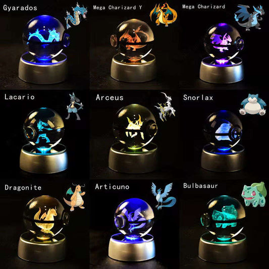 Pokemon 3D Crystal Pokeball with LED Light Base, Kids Anime Toy Gifts 2 in