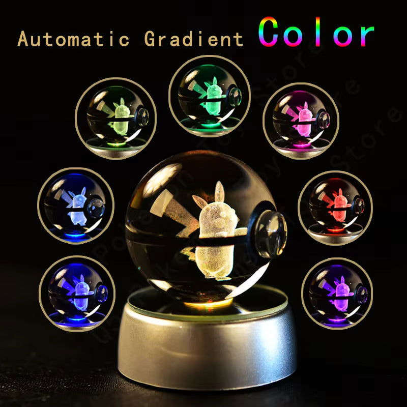 Pokemon 3D Crystal Pokeball with LED Light Base, Kids Anime Toy Gifts 2 in