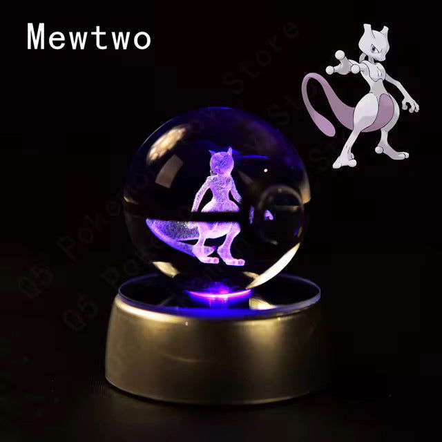 Pokemon 3D Crystal Pokeball with LED Light Base, Kids Anime Toy Gifts 2 in