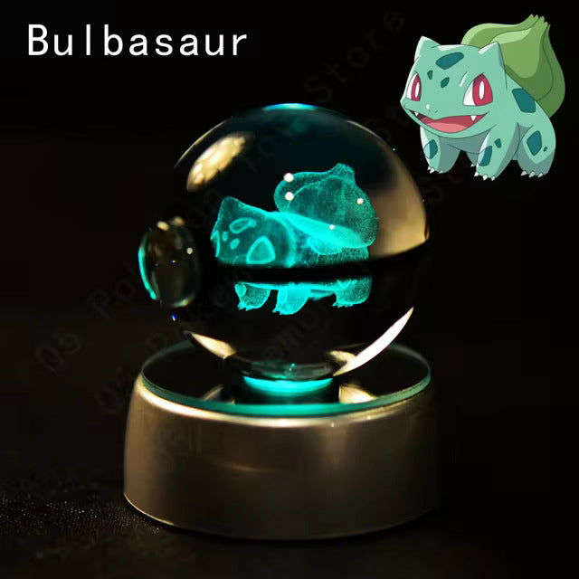 Pokemon 3D Crystal Pokeball with LED Light Base, Kids Anime Toy Gifts 2 in