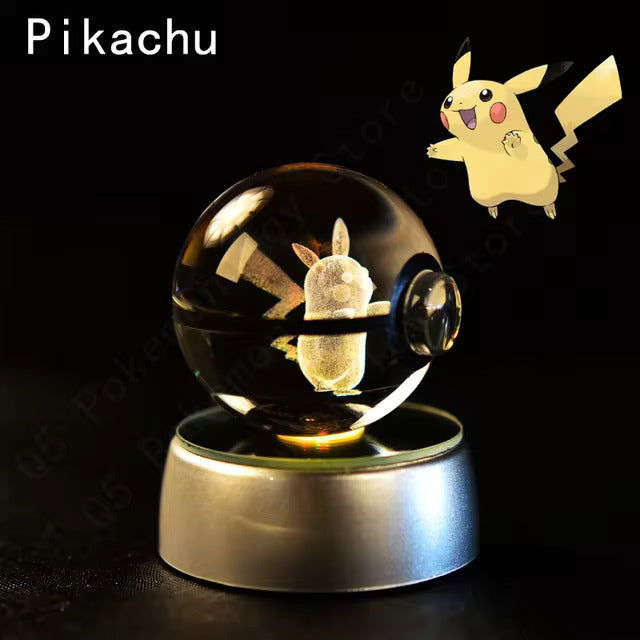 Pokemon 3D Crystal Pokeball with LED Light Base, Kids Anime Toy Gifts 2 in