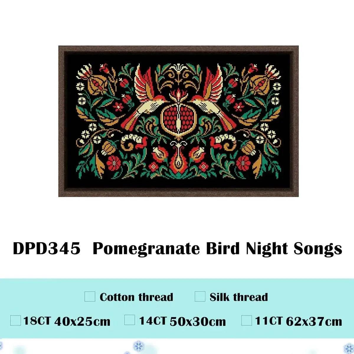  Pomegranate Bird Night Songs Cross Stitch Kit - DIY Handmade Embroidery on Black Canvas Cloth with Cotton Thread (18ct, 14ct, 11ct) -  ToylandEU™