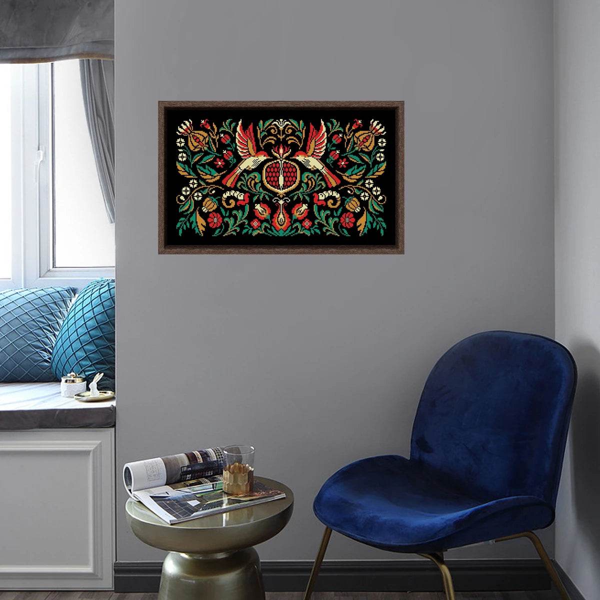 Pomegranate Bird Night Songs Cross Stitch Kit - DIY Handmade Embroidery on Black Canvas Cloth with Cotton Thread (18ct, 14ct, 11ct) - ToylandEU