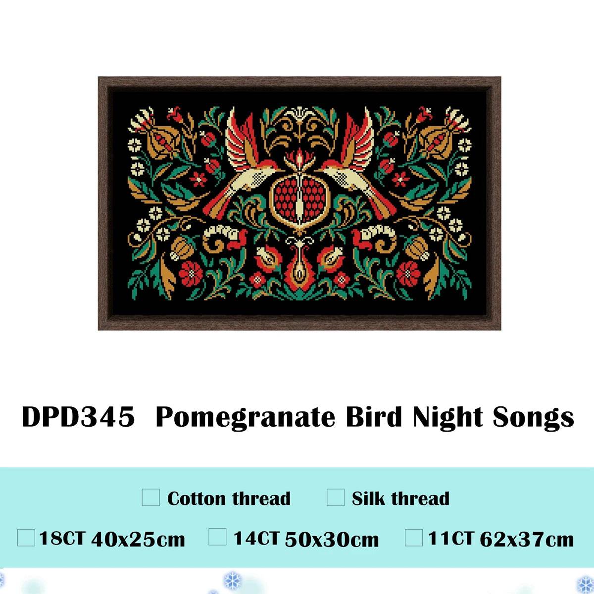 Pomegranate Bird Night Songs Cross Stitch Kit - DIY Handmade Embroidery on Black Canvas Cloth with Cotton Thread (18ct, 14ct, 11ct) - ToylandEU