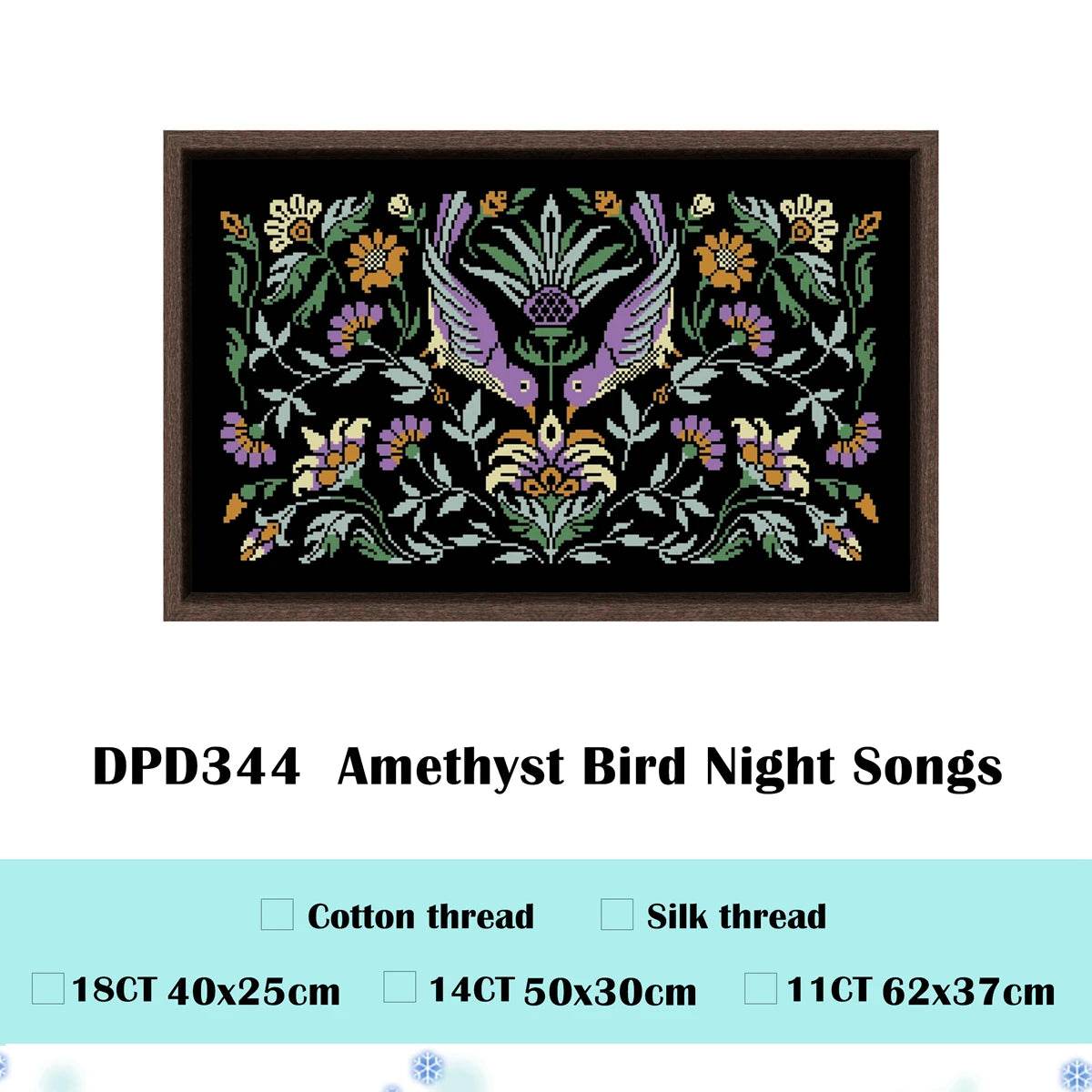 Pomegranate Bird Night Songs Cross Stitch Kit - DIY Handmade Embroidery on Black Canvas Cloth with Cotton Thread (18ct, 14ct, 11ct) - ToylandEU