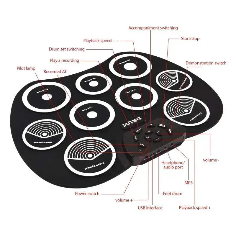 Portable 9 Pad Electronic Drum Set With MIDI Interface - ToylandEU
