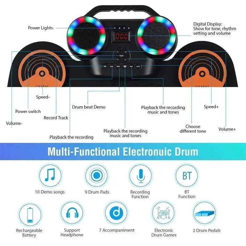  Portable Electronic Drum Set Foldable 9 Pad Speaker -  ToylandEU™
