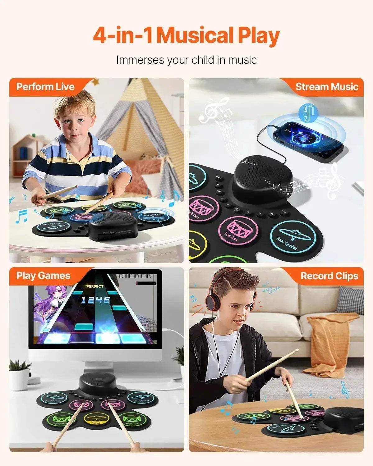 Portable Electronic Drum Set Rollup 7 9 Pads For Kids - ToylandEU