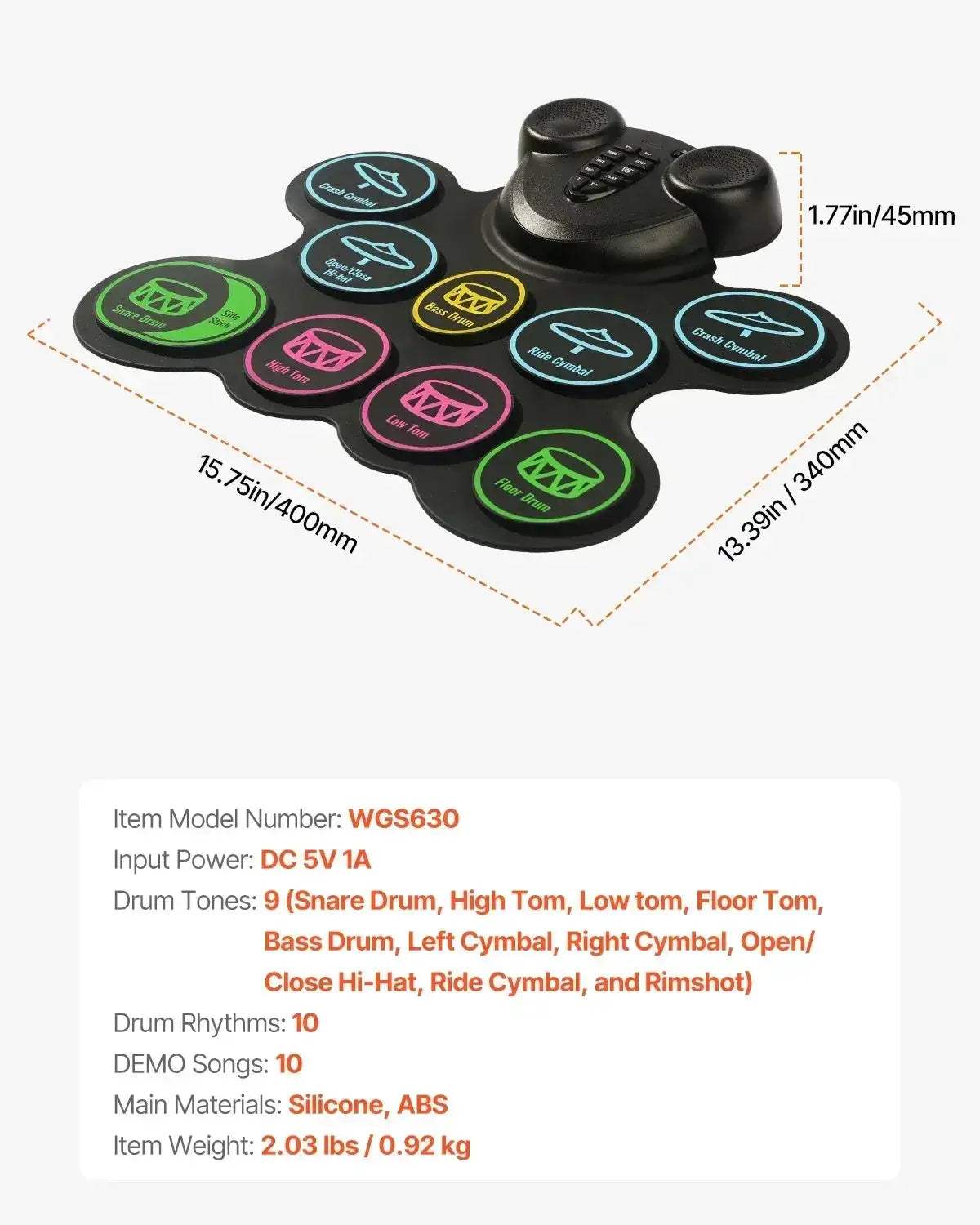 Portable Electronic Drum Set Rollup 7 9 Pads For Kids - ToylandEU