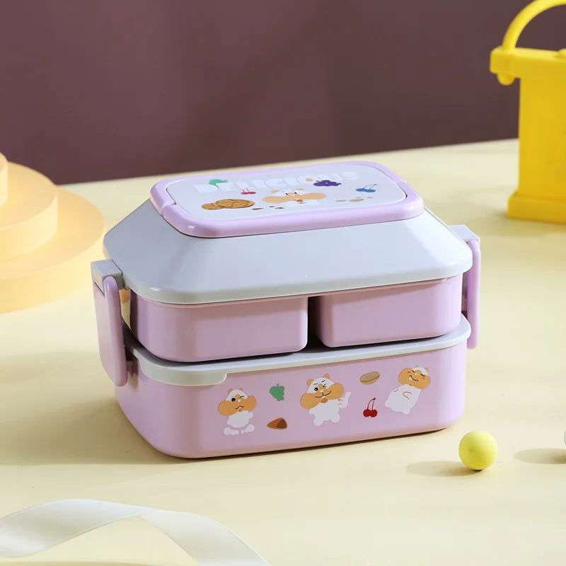  Portable Kids Double Layer Microwave Safe Bento Box 