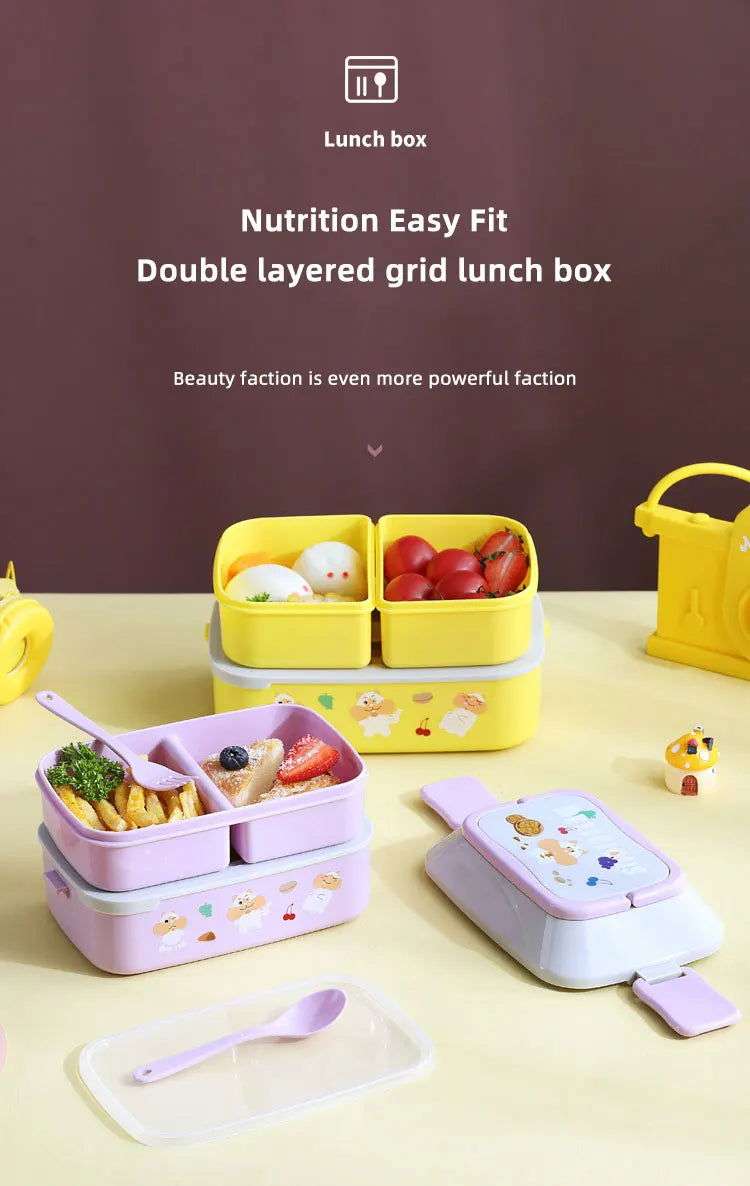 Portable Kids Double Layer Microwave Safe Bento Box 