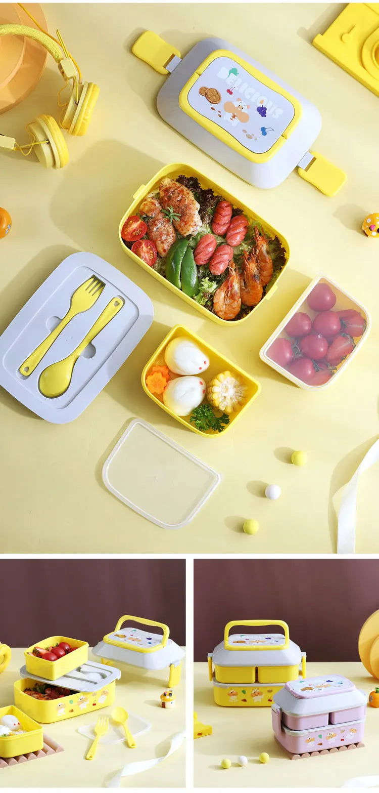  Portable Kids Double Layer Microwave Safe Bento Box 