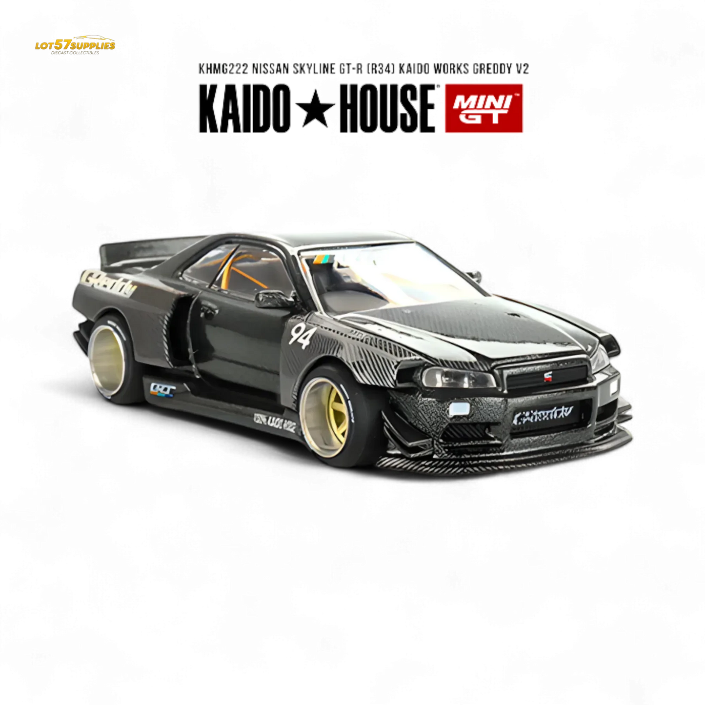 (Pre-Order) Kaido House x Mini GT Nissan Skyline GT-R (R34) Kaido Works GReddy V2 - Black w/ Carbon 1:64 - ToylandEU