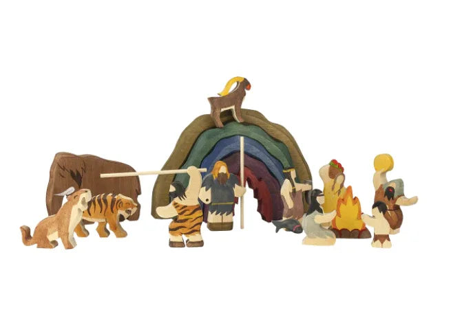 Prehistoric Handcrafted Wooden Toy Set of 12 Cavemen Figures - ToylandEU