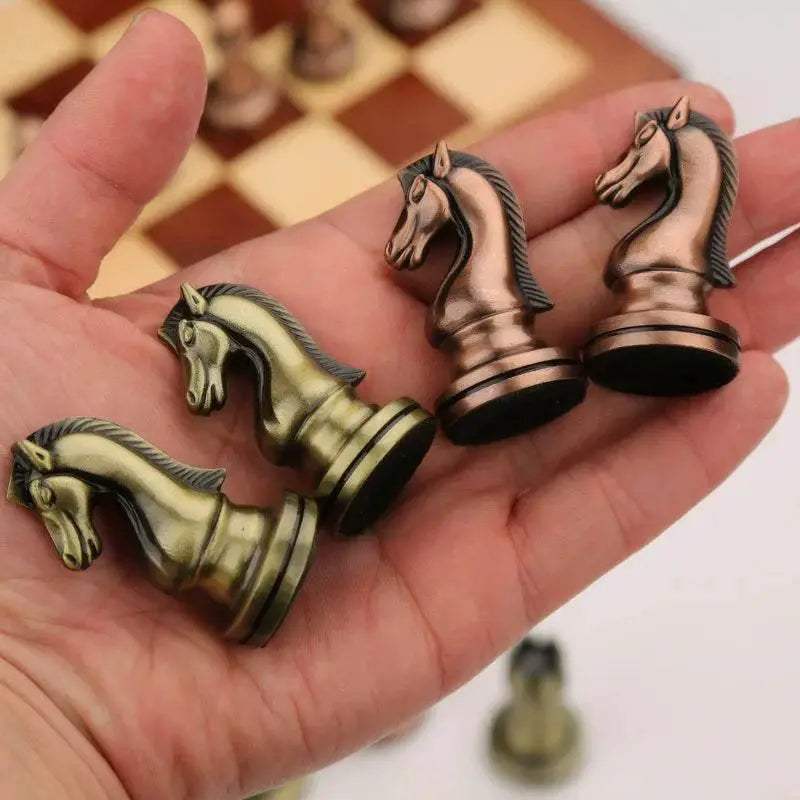 Premium Antique Bronze Chess Set with Foldable Solid Wood Box for Enthusiasts and Gift Giving - ToylandEU