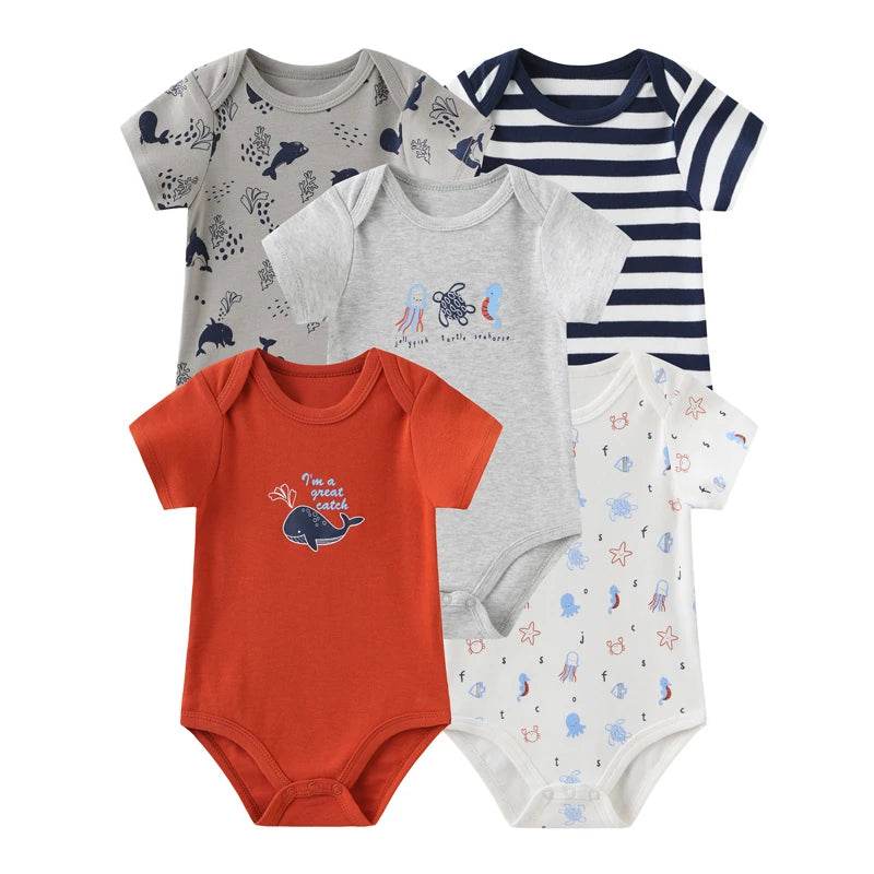 Premium Baby Bodysuits Five Pack Cartoon Print Four Seasons Short Sleeve Unisex Newborn Onesies - ToylandEU