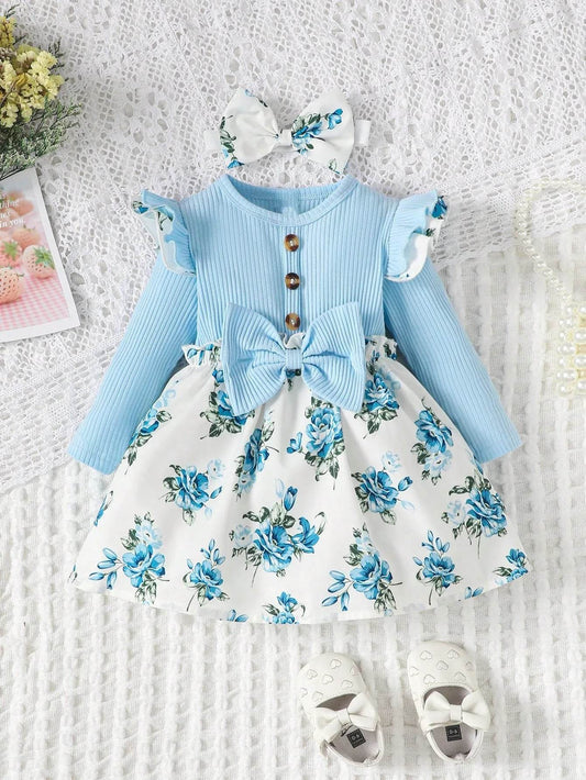 Premium Baby Dress Set With Floral Print Long Sleeves And Big Bow Headband For Girls 0 To 1 Year - ToylandEU
