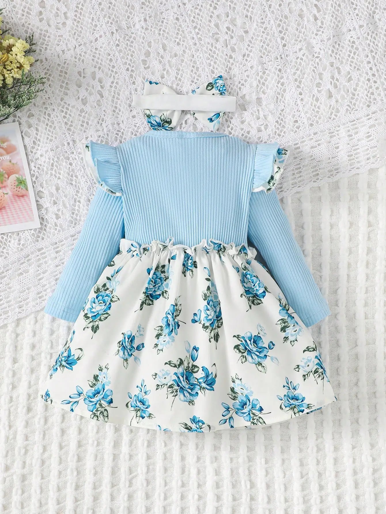 Premium Baby Dress Set With Floral Print Long Sleeves And Big Bow Headband For Girls 0 To 1 Year - ToylandEU