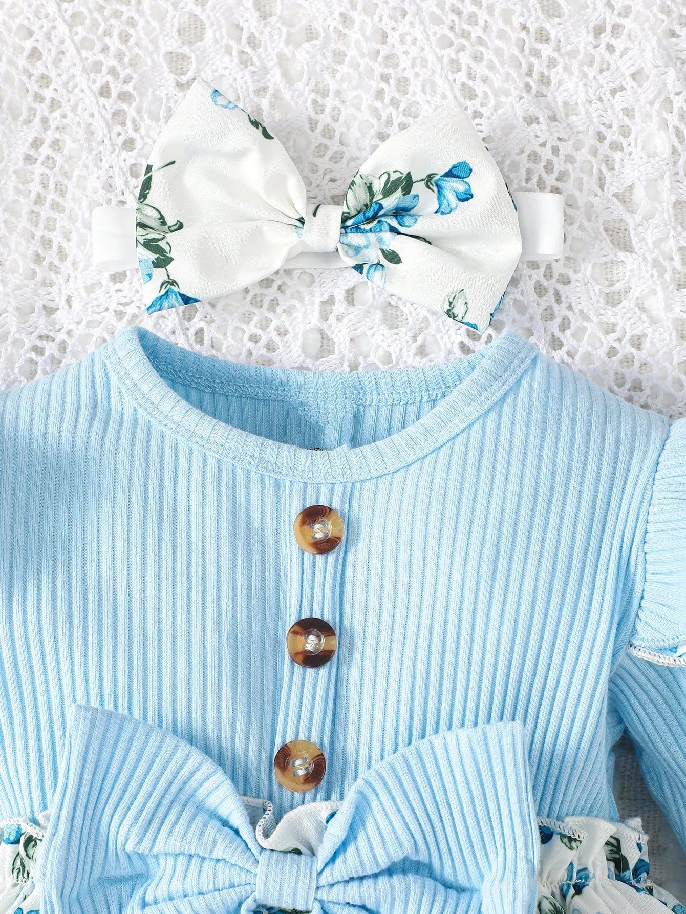 Premium Baby Dress Set With Floral Print Long Sleeves And Big Bow Headband For Girls 0 To 1 Year - ToylandEU