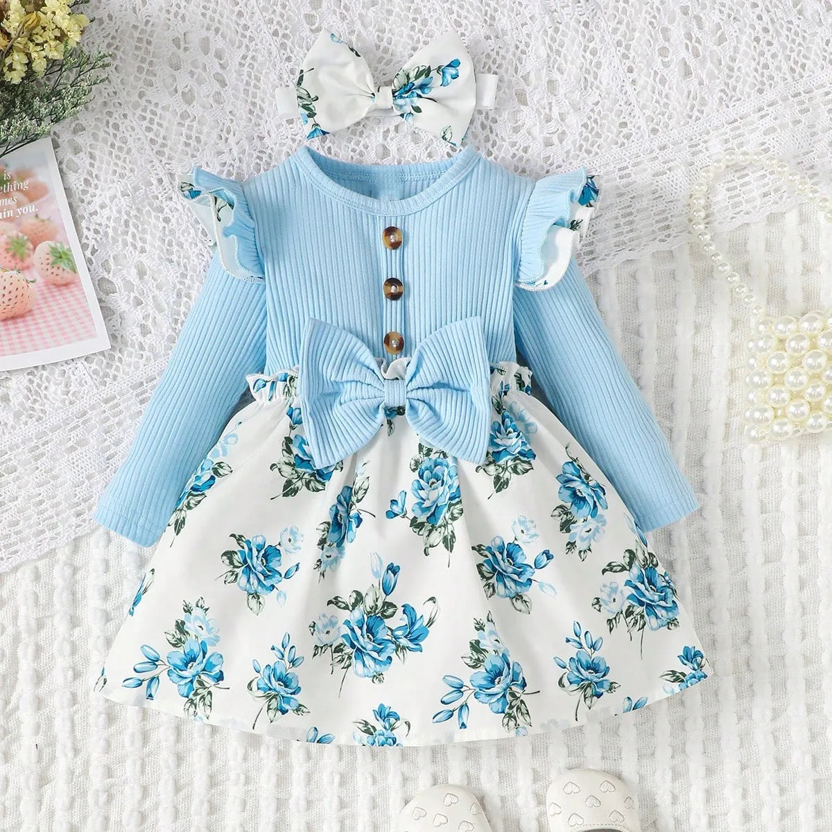 Premium Baby Dress Set With Floral Print Long Sleeves And Big Bow Headband For Girls 0 To 1 Year - ToylandEU