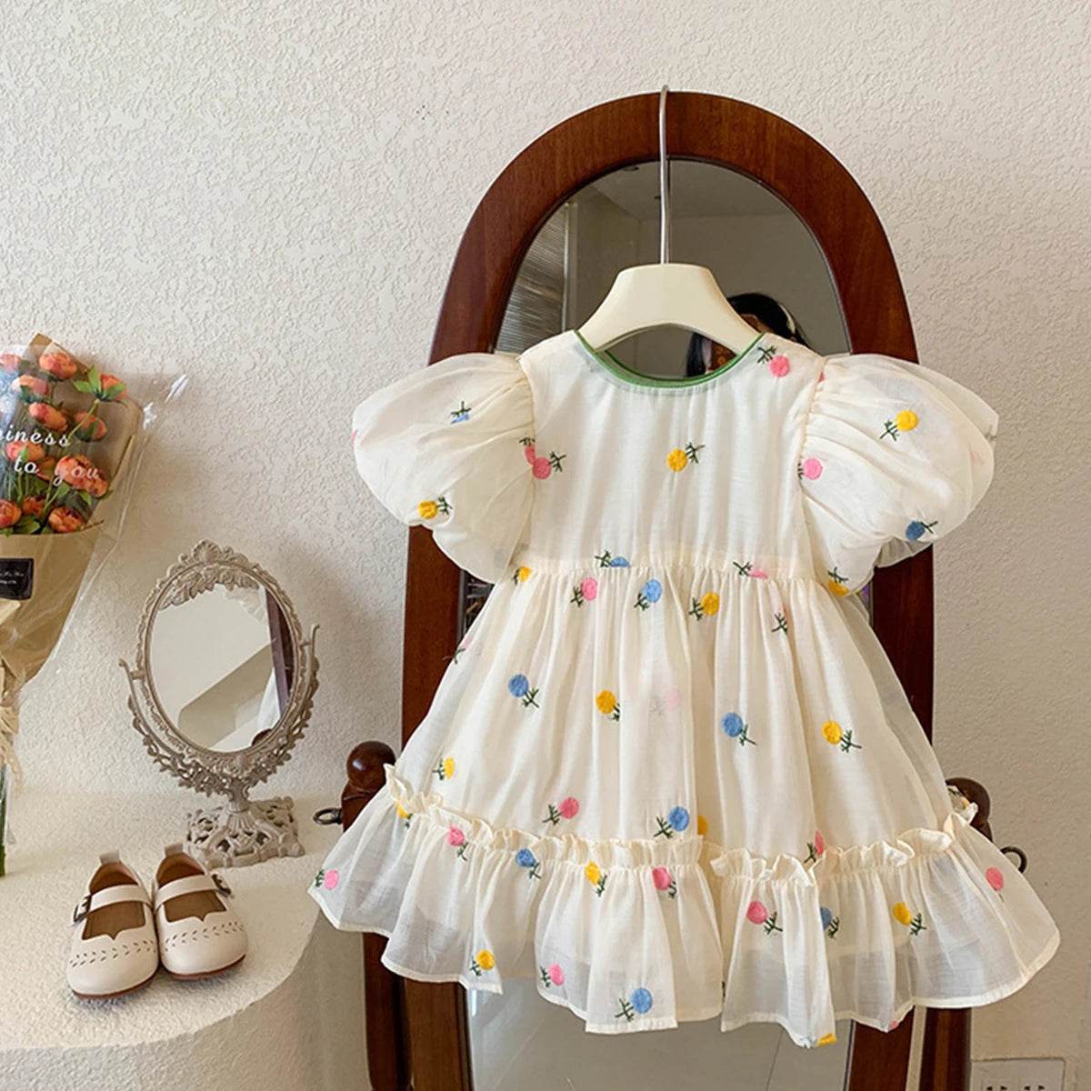 Premium Baby Girl Chiffon Dress With Floral Embroidery And Big Bow For Birthday Parties - ToylandEU