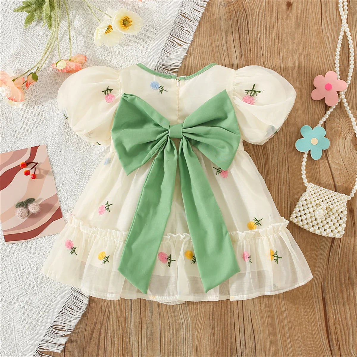 Premium Baby Girl Chiffon Dress With Floral Embroidery And Big Bow For Birthday Parties - ToylandEU