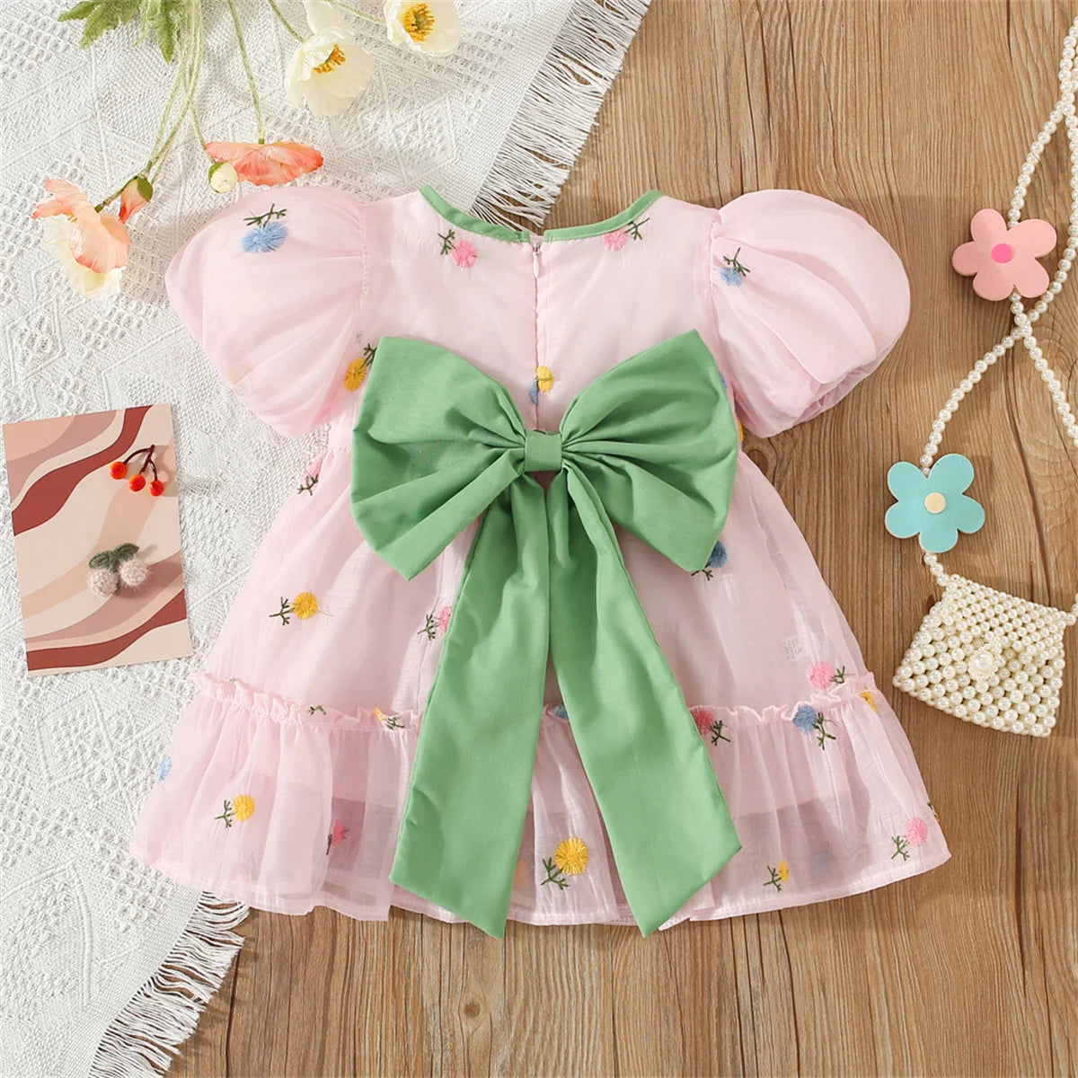 Premium Baby Girl Chiffon Dress With Floral Embroidery And Big Bow For Birthday Parties - ToylandEU