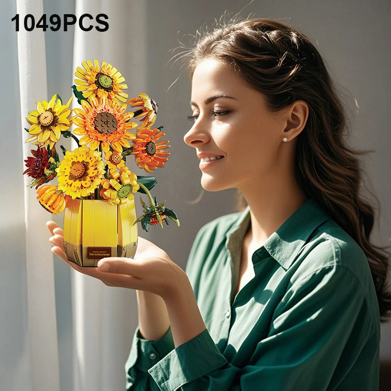 Premium Bouquet Sunflower Building Blocks Set 1088 Pcs DIY Bonsai Pot For Kids Teens Adults - ToylandEU