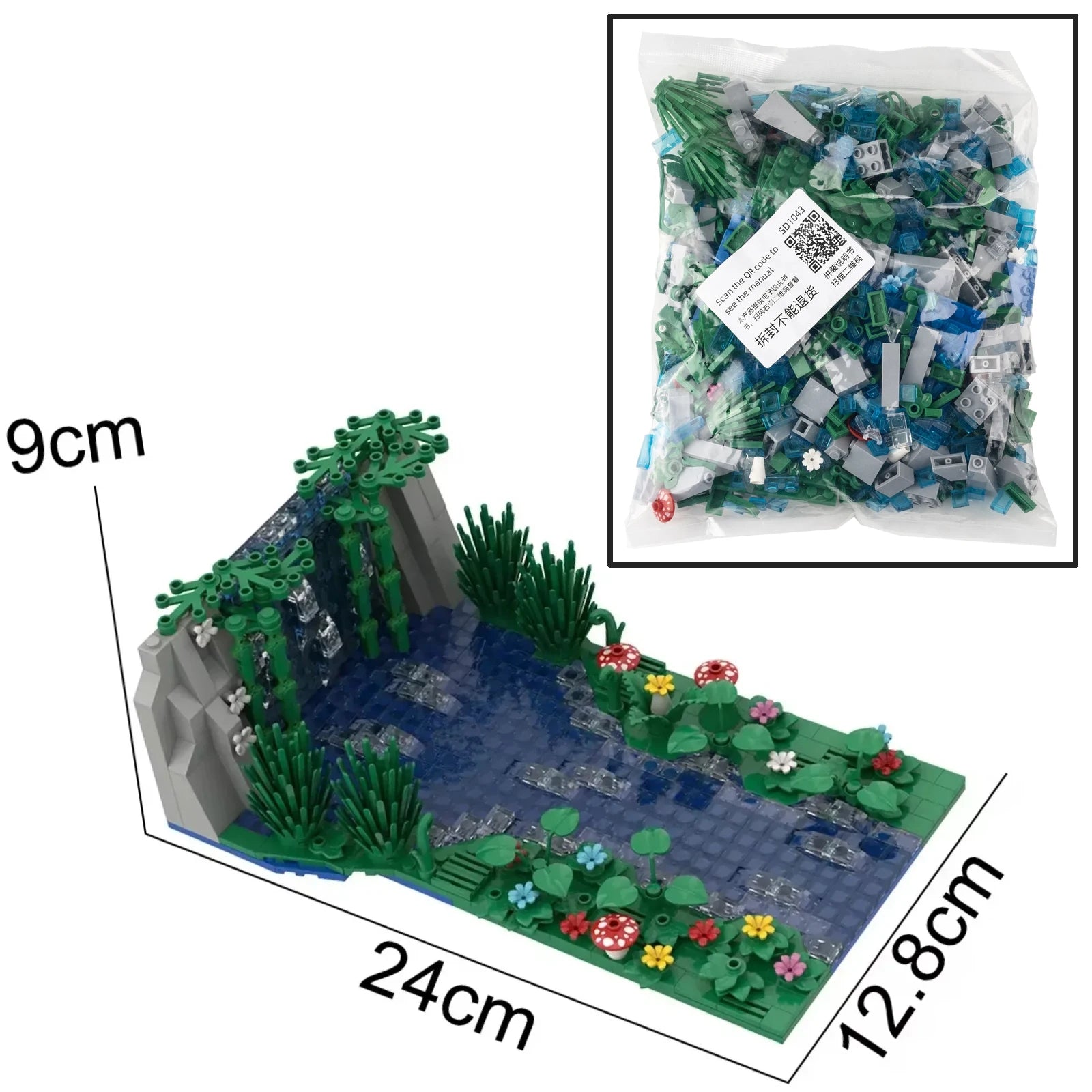 Premium Building Block Set 647Pcs MOC Waterfall Scene With Pond And Mushroom Flowers Educational Gift For Kids - ToylandEU