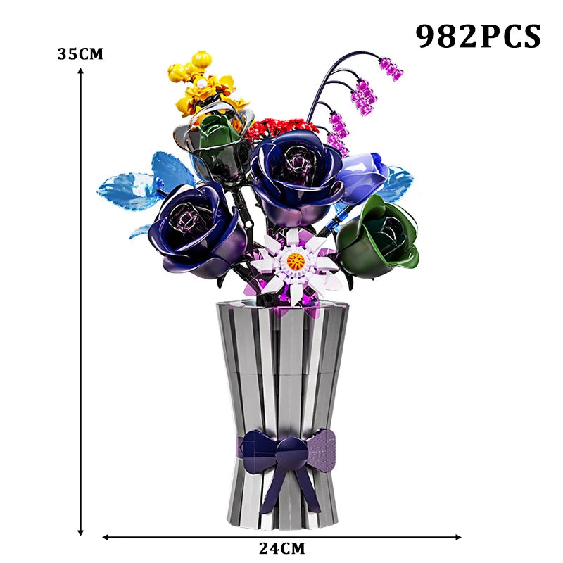 Premium Building Block Set Creative Black Rose Eternal Flower Vase MOC Decorative Home Ornament Gift For Girlfriend - ToylandEU