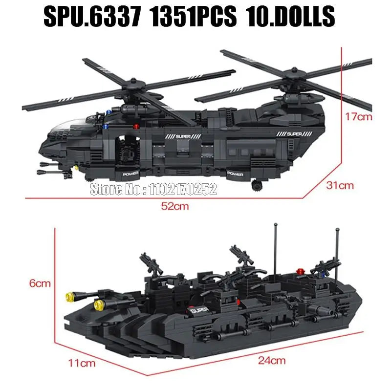 Premium Building Block Toy Set SWAT Police Transport Helicopter With 1351 Pieces For Boys Army Play - ToylandEU