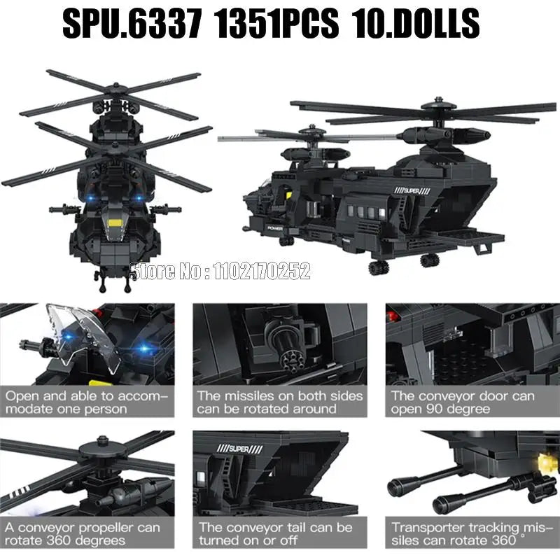 Premium Building Block Toy Set SWAT Police Transport Helicopter With 1351 Pieces For Boys Army Play - ToylandEU