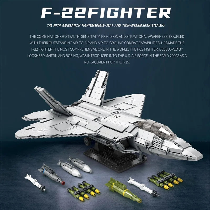 Premium Building Blocks F22 Stealth Fighter Model Kit 1729 Pieces For Kids And Air Force Enthusiasts - ToylandEU