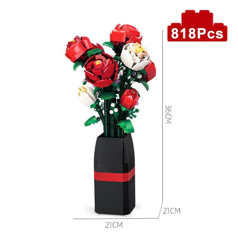 Premium Building Blocks Kit Rose Vase Valentines Day Gift - ToylandEU
