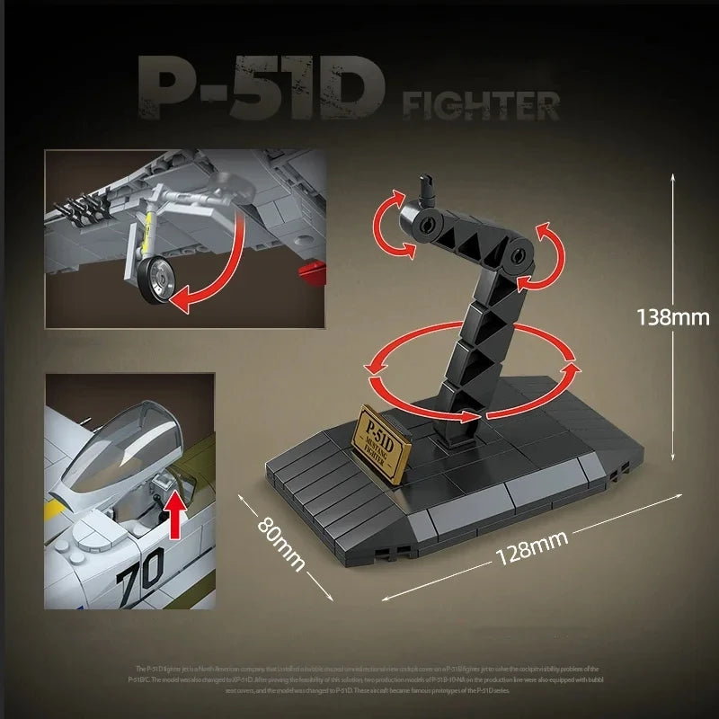 Premium Building Blocks P51D Fighter Kit 580 Piece World War II Aircraft Model for Kids and Aviation Enthusiasts - ToylandEU