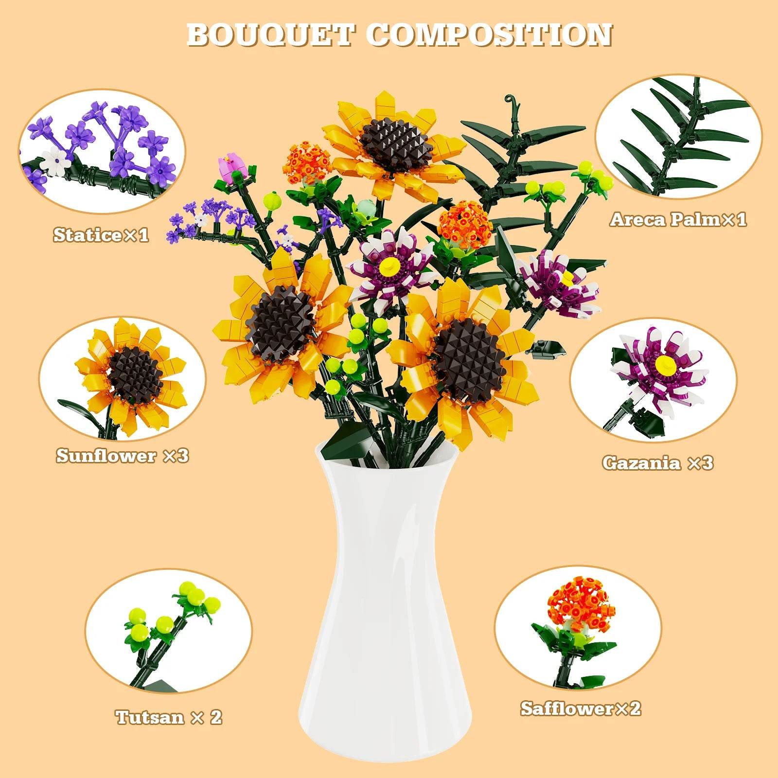 Premium Building Blocks Sunflower Bouquet For Adults - ToylandEU