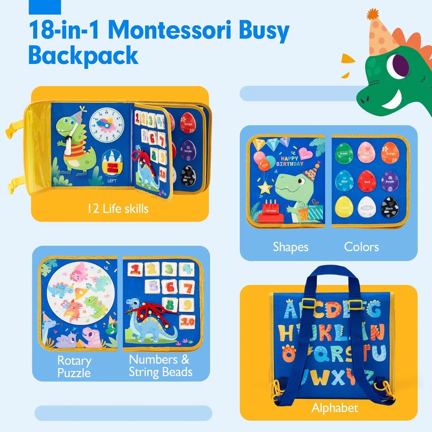 Premium Busy Board 18 In 1 Dinosaur Dress Up Travel Learning Toy For 3 To 6 Year Olds - ToylandEU