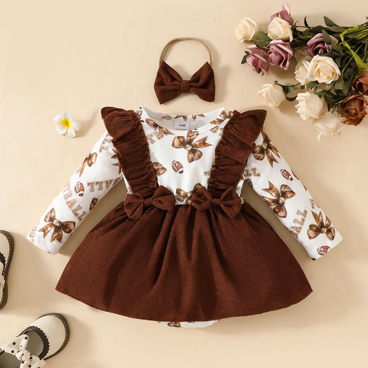 Premium Corduroy Baby Girl Dress With Ruffled Bow Long Sleeve Two Piece Headband Set Spring And Autumn 0 To 18 Months - ToylandEU